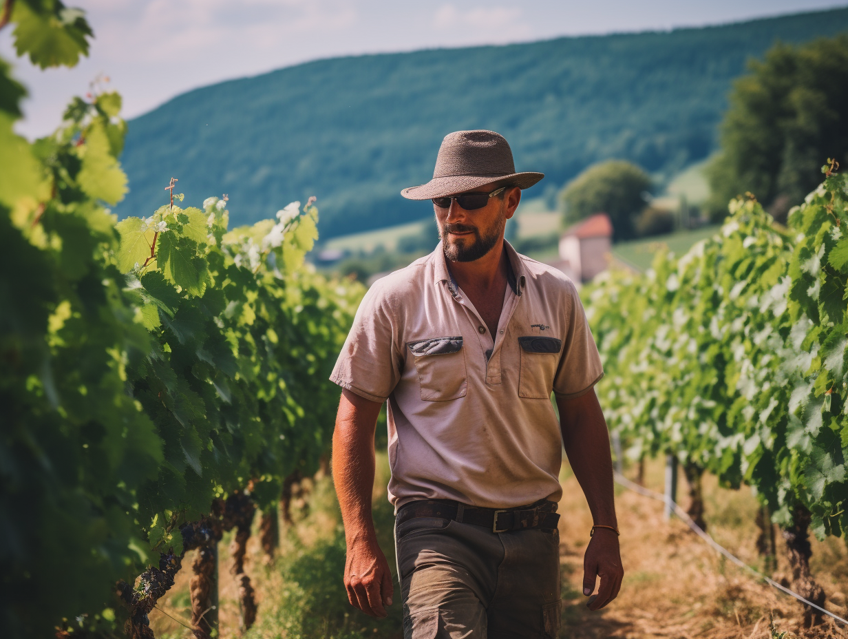 un homme marchant dans un vignoble avec un chapeau