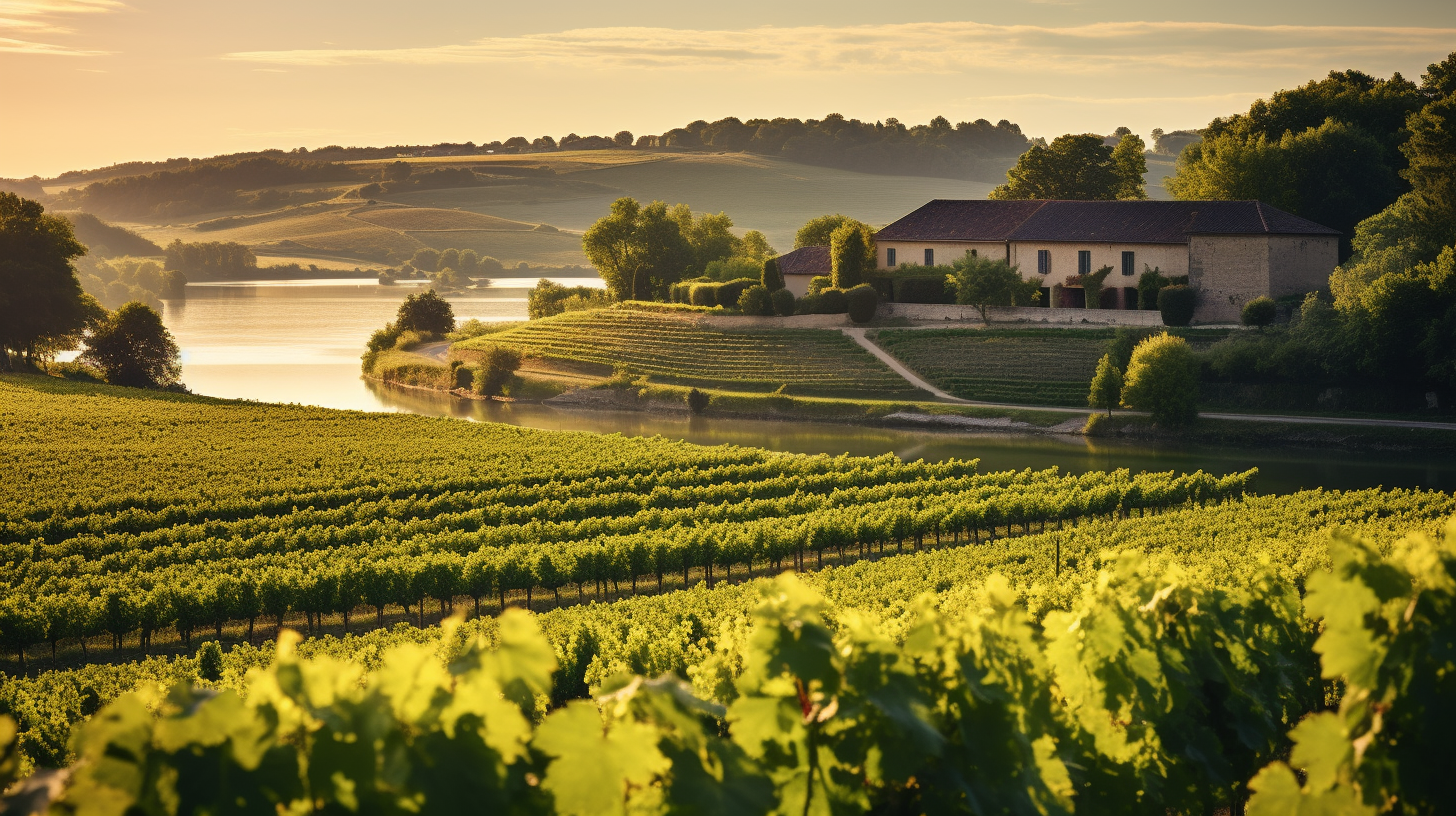 une maison dans les vignes à côté d'un lac au coucher du soleil, dans le style de la campagne française