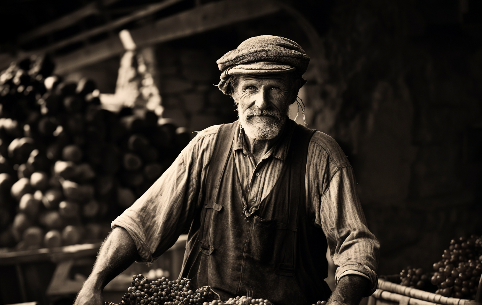 portrait traditionnel d'un homme portant un grand seau rempli de raisins